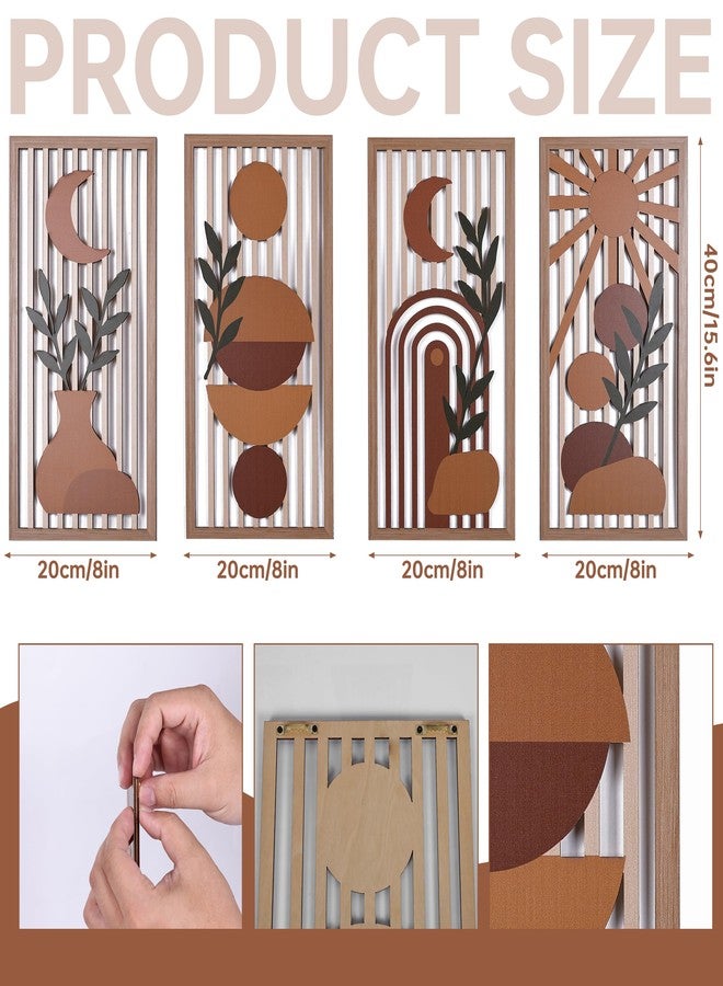 suruim Orange Boho Wall Art Set of 4, Abstract Geometric Wooden Terracotta Wall Decor, Mid-Century Modern Aesthetic Artwork with Arch, Vase & Botanical Design for Modern Home Decor for Bedroom, Office & Living Room(B) - Image 3
